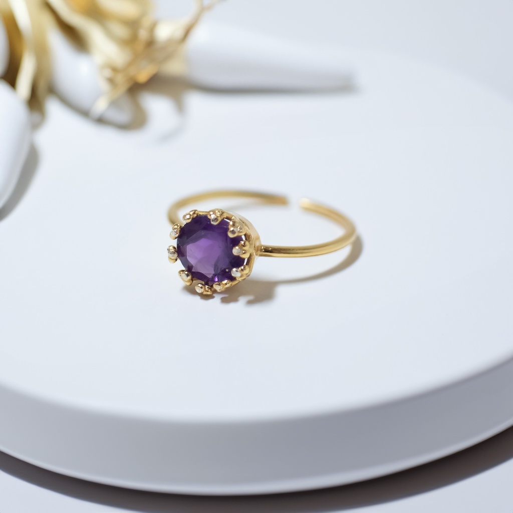推し色★推し誕生石★ アメジスト 天然石のクラウンリング【フリーサイズ】18KGP S925