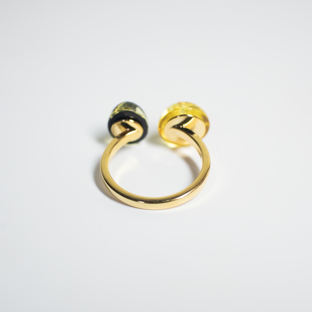 推し色★推しカプカラー★ 天然石 イエロー×ブラック アンバーのフォークリング【フリーサイズ】琥珀 指輪