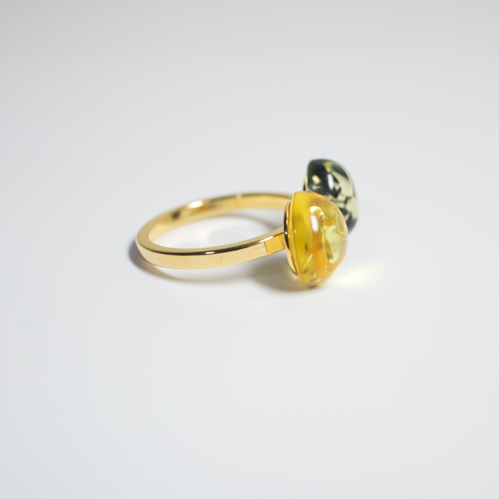 推し色★推しカプカラー★ 天然石 イエロー×ブラック アンバーのフォークリング【フリーサイズ】琥珀 指輪