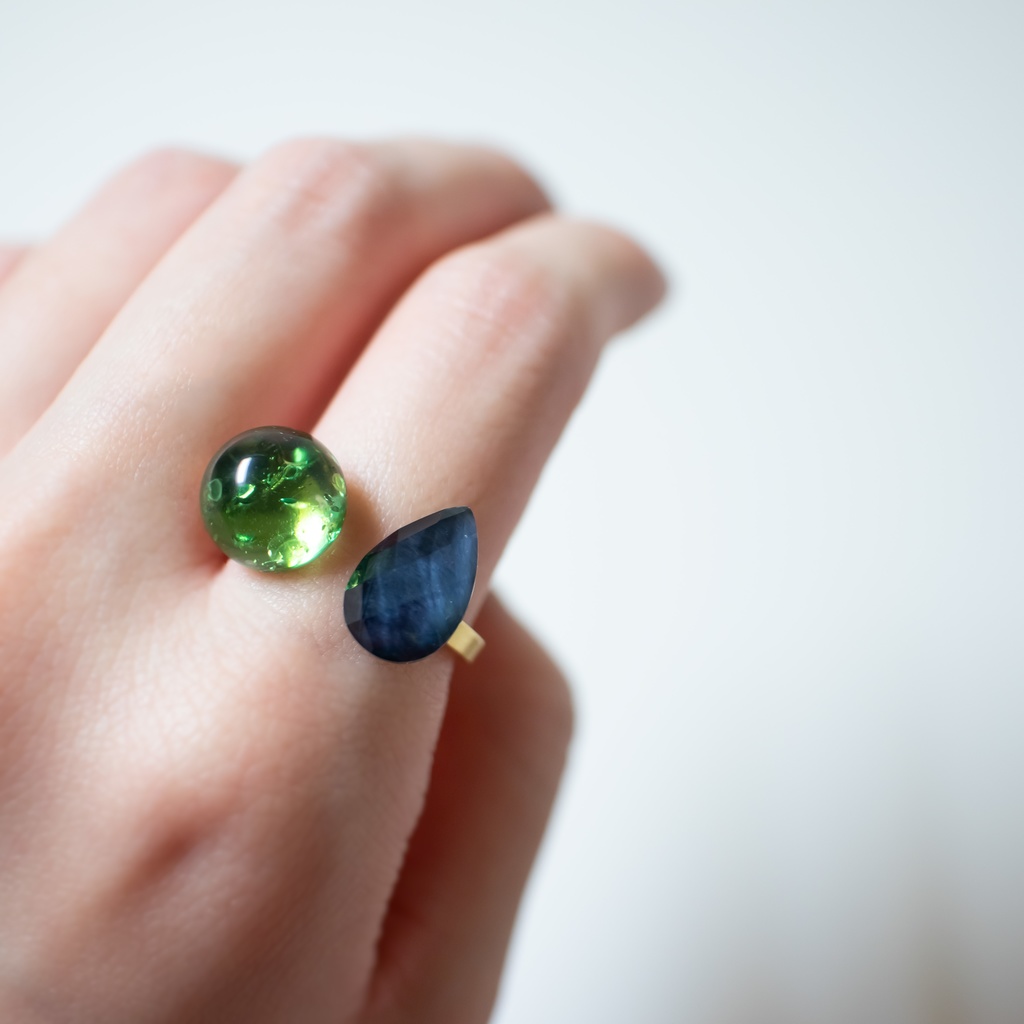 推し色★推しカプカラー★ 天然石 ブルータイガーアイ クリスタル×グリーンアンバーのフォークリング【フリーサイズ】