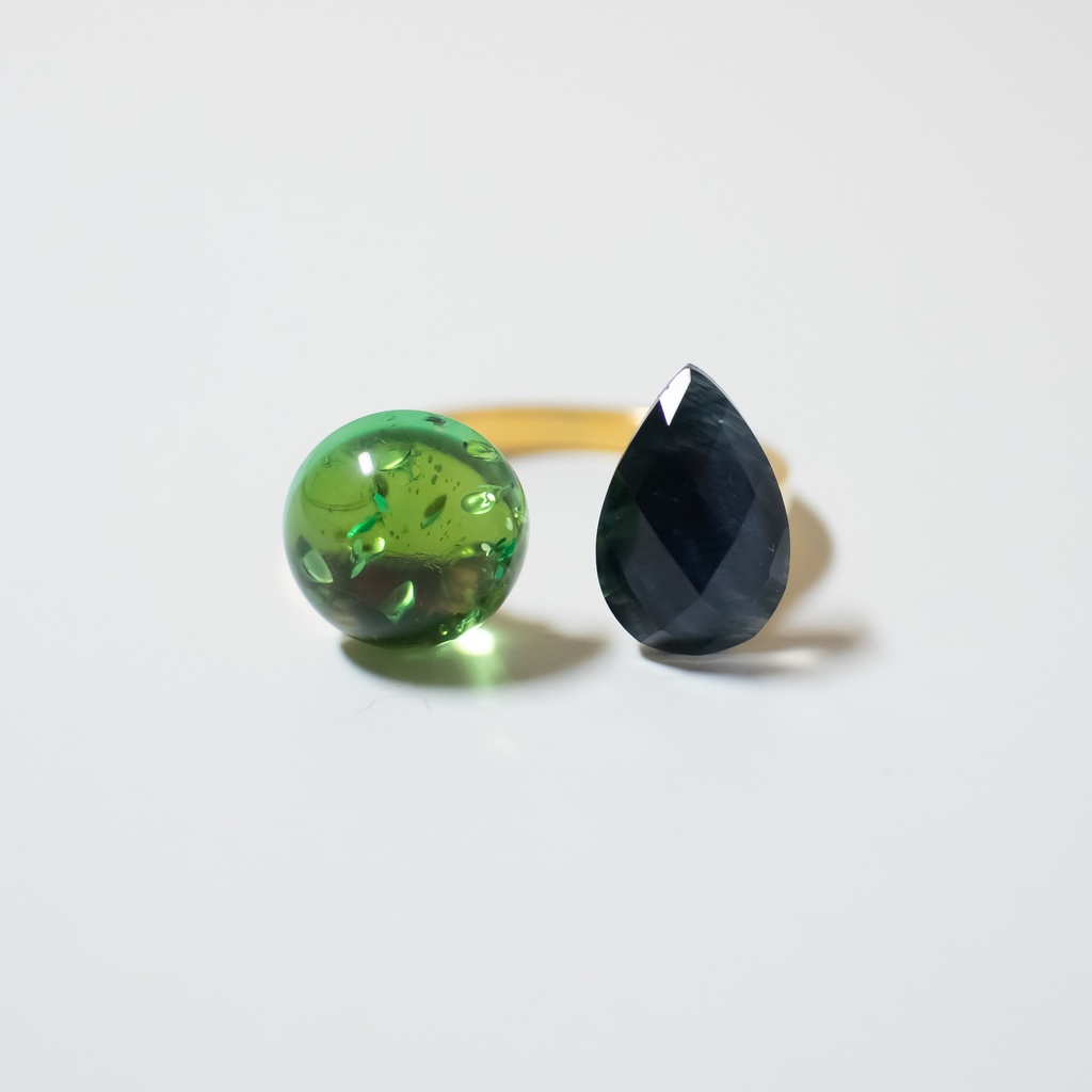 推し色★推しカプカラー★ 天然石 ブルータイガーアイ クリスタル×グリーンアンバーのフォークリング【フリーサイズ】