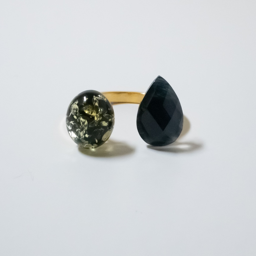 推し色★推しカプカラー★ 天然石 ブルータイガーアイ×ブラックアンバーのフォークリング【フリーサイズ】指輪