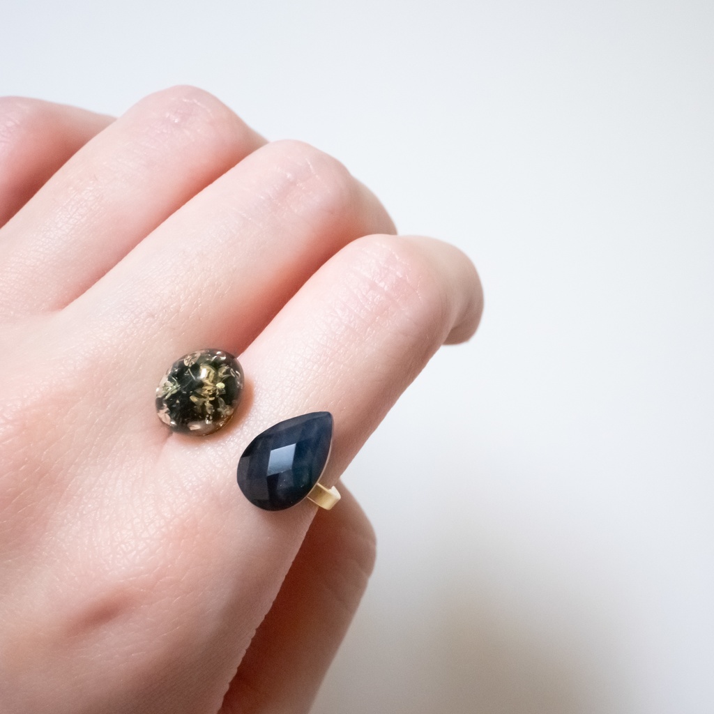 推し色★推しカプカラー★ 天然石 ブルータイガーアイ×ブラックアンバーのフォークリング【フリーサイズ】指輪