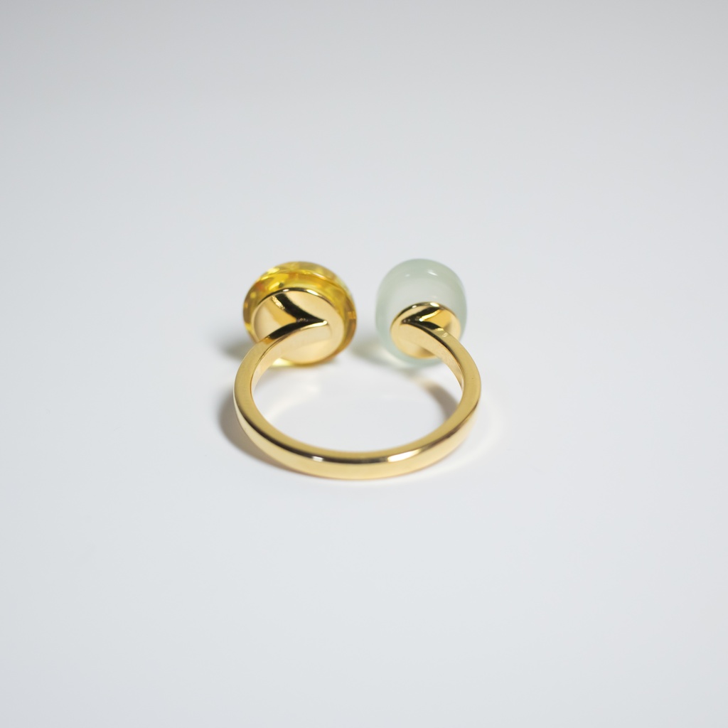 推し色★推しカプカラー★ 天然石 イエローカラーアンバー×ライムグリーンカルセドニーのフォークリング【フリーサイズ】