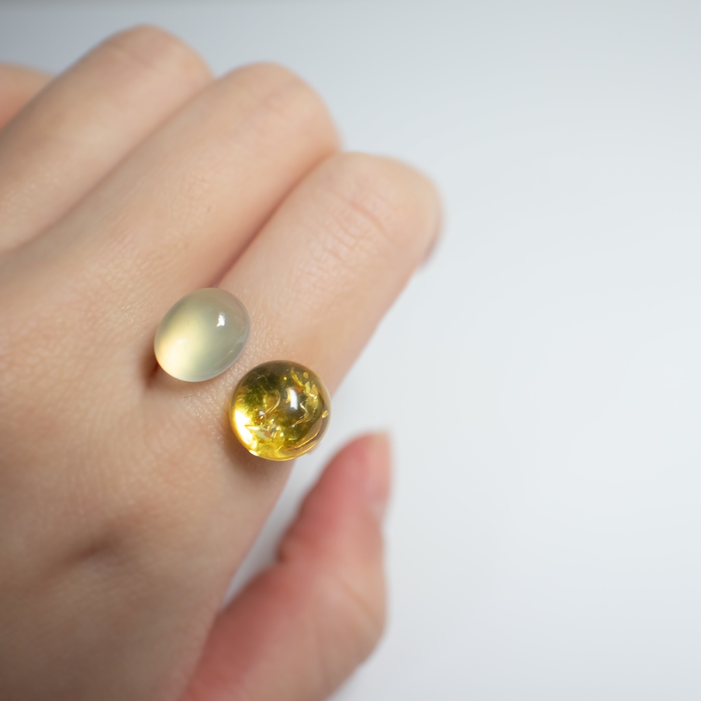 推し色★推しカプカラー★ 天然石 イエローカラーアンバー×ライムグリーンカルセドニーのフォークリング【フリーサイズ】