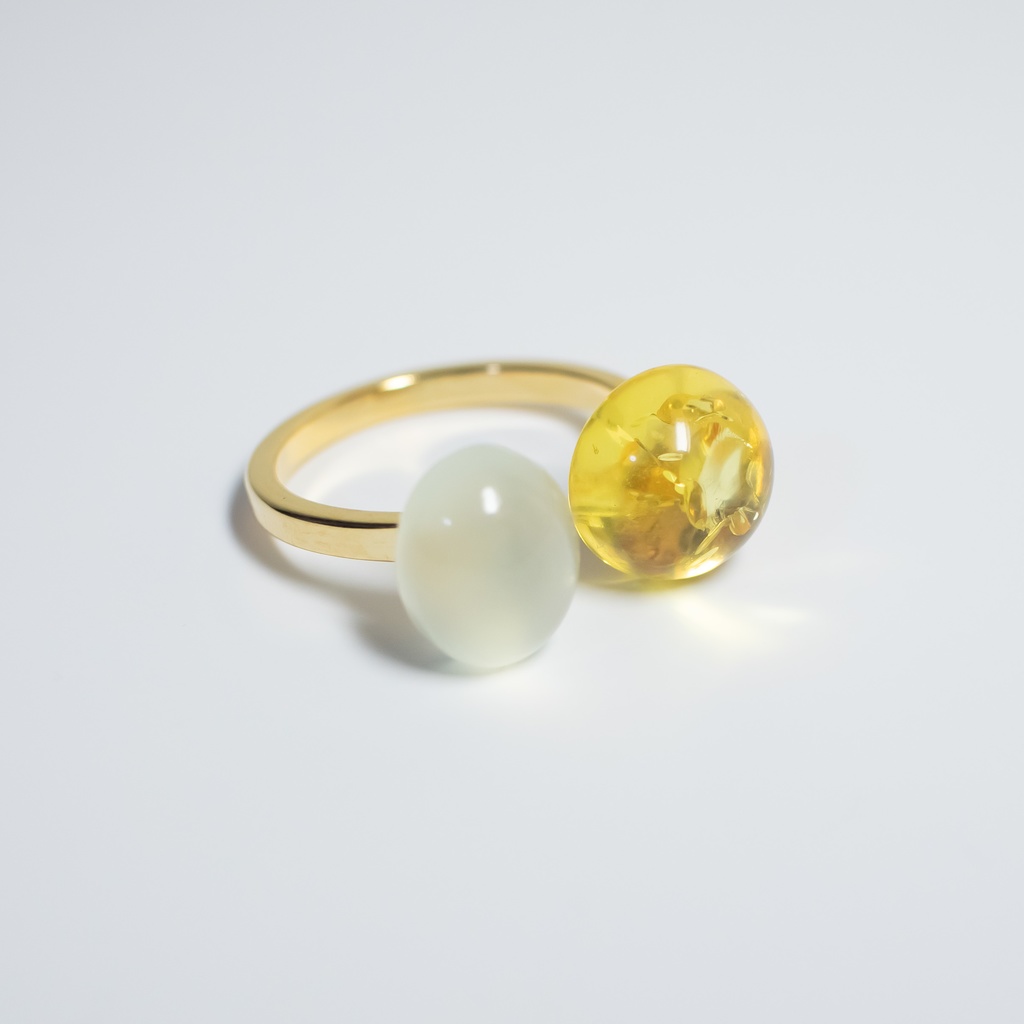 推し色★推しカプカラー★ 天然石 イエローカラーアンバー×ライムグリーンカルセドニーのフォークリング【フリーサイズ】