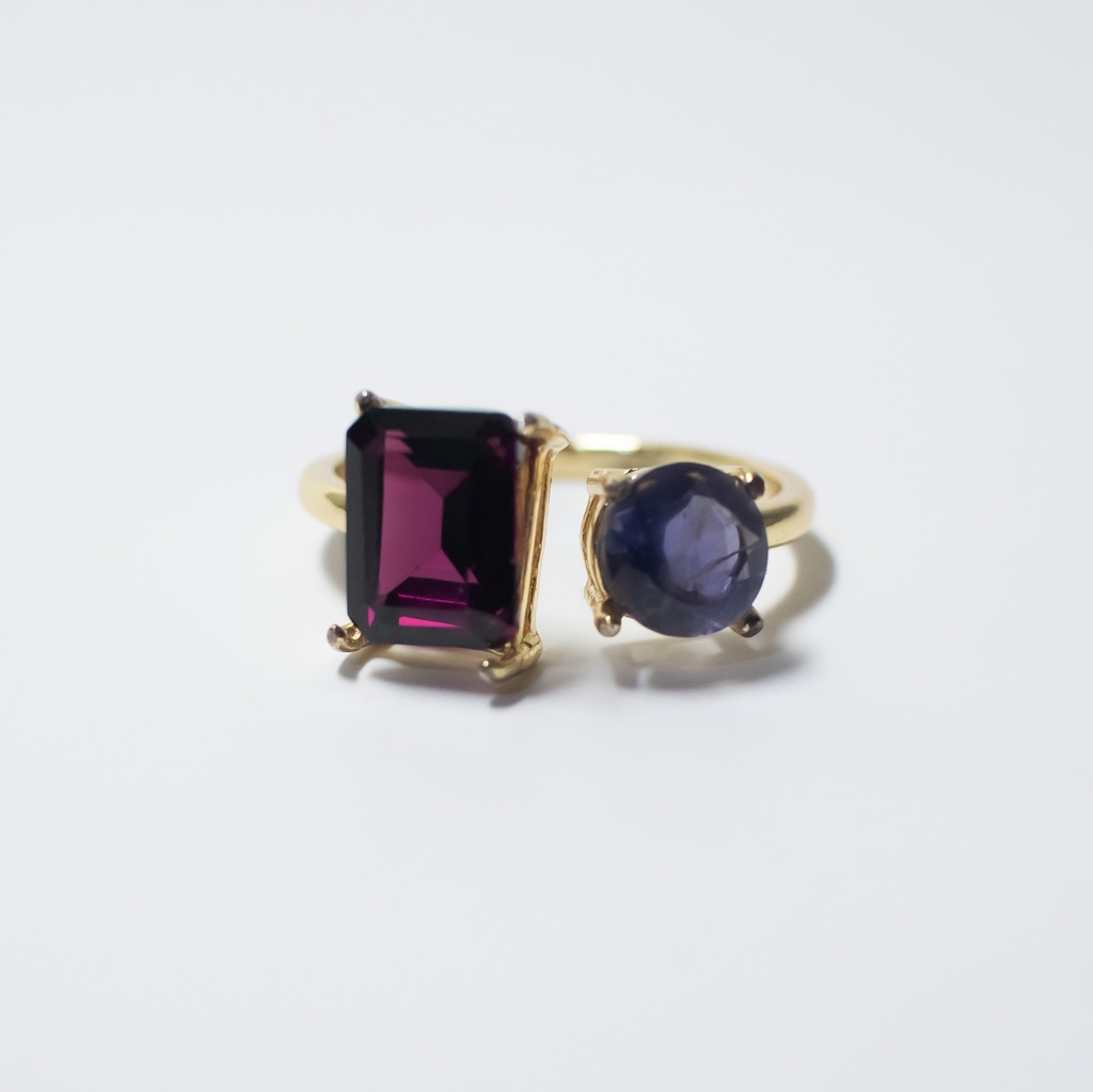 推し色★推しカプカラー★推し誕生石★ 天然石 モザンビークガーネット×アイオライトのフォークリング【フリーサイズ】