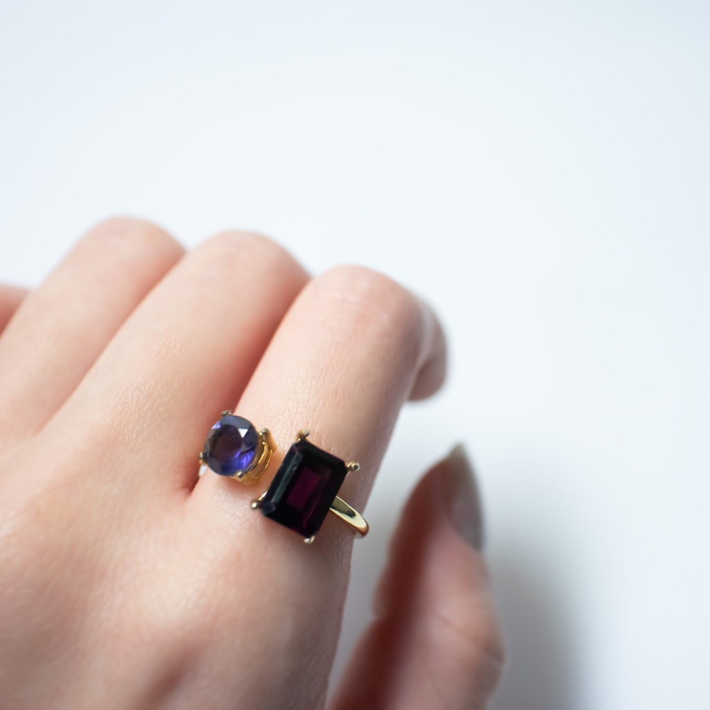 推し色★推しカプカラー★推し誕生石★ 天然石 モザンビークガーネット×アイオライトのフォークリング【フリーサイズ】