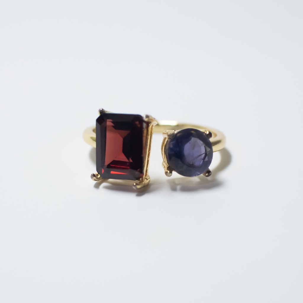 推し色★推しカプカラー★推し誕生石★ 天然石 モザンビークガーネット×アイオライトのフォークリング【フリーサイズ】