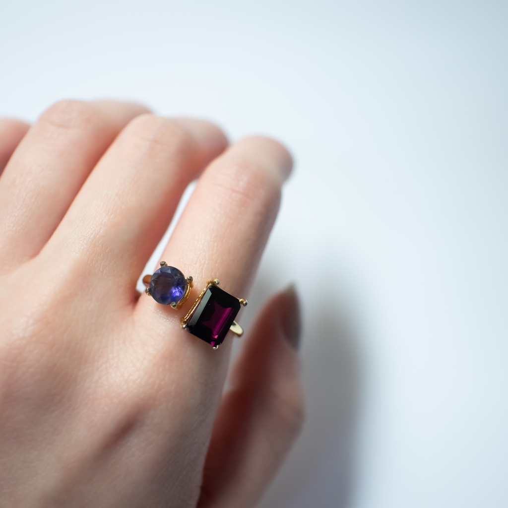 推し色★推しカプカラー★推し誕生石★ 天然石 モザンビークガーネット×アイオライトのフォークリング【フリーサイズ】