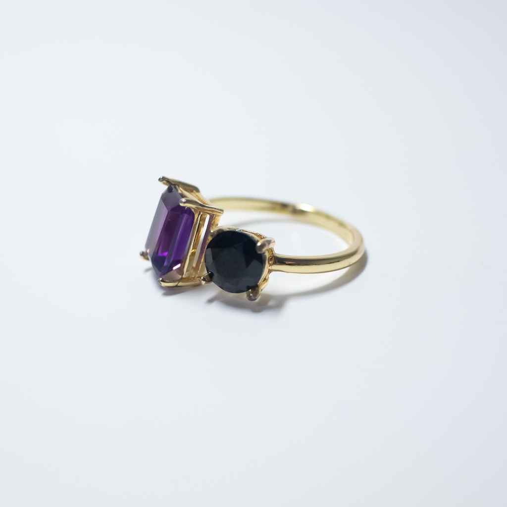 推し色★推しカプカラー★推し誕生石★ 天然石 濃いめアメジスト×ブラックスピネルのフォークリング【フリーサイズ】