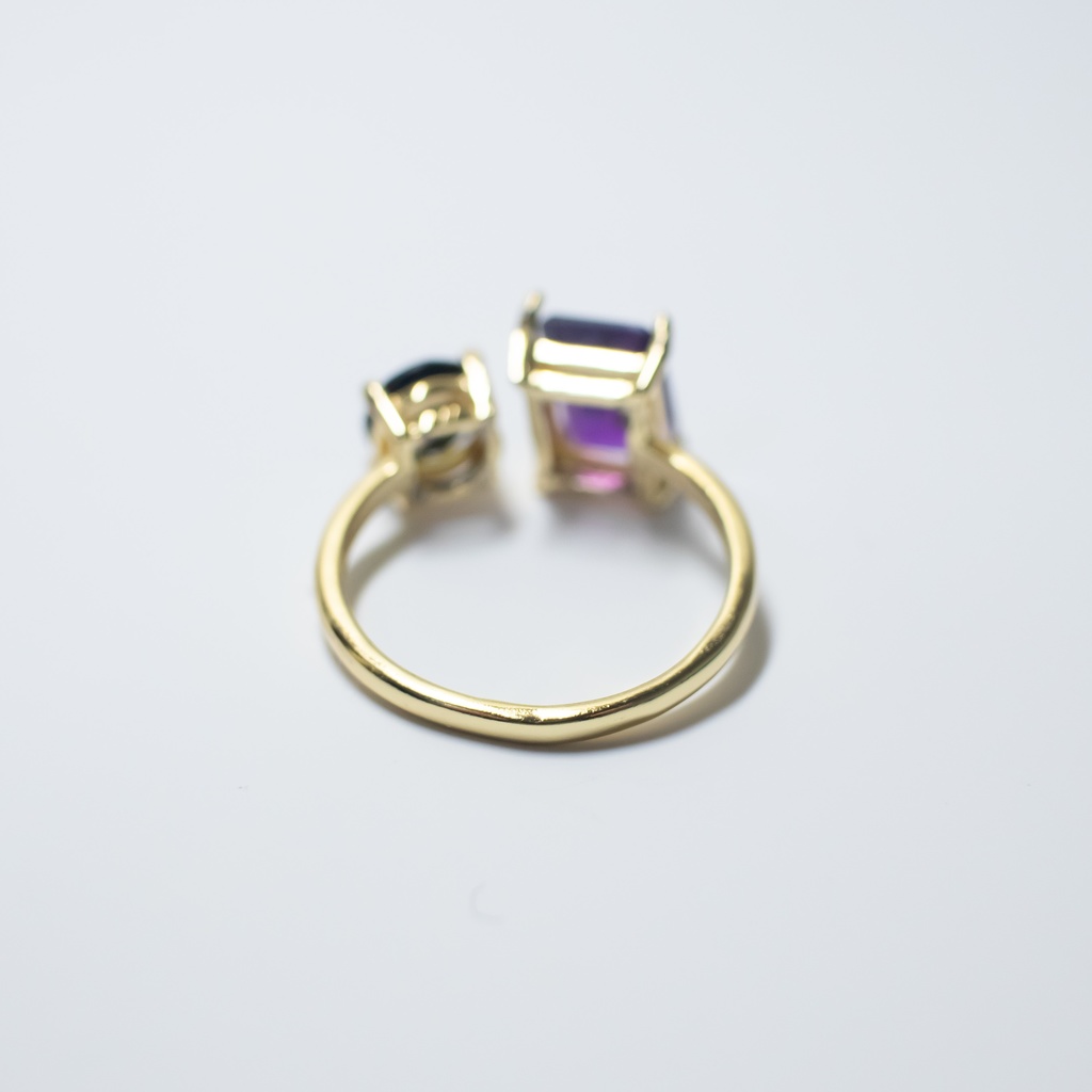 推し色★推しカプカラー★推し誕生石★ 天然石 濃いめアメジスト×ブラックスピネルのフォークリング【フリーサイズ】