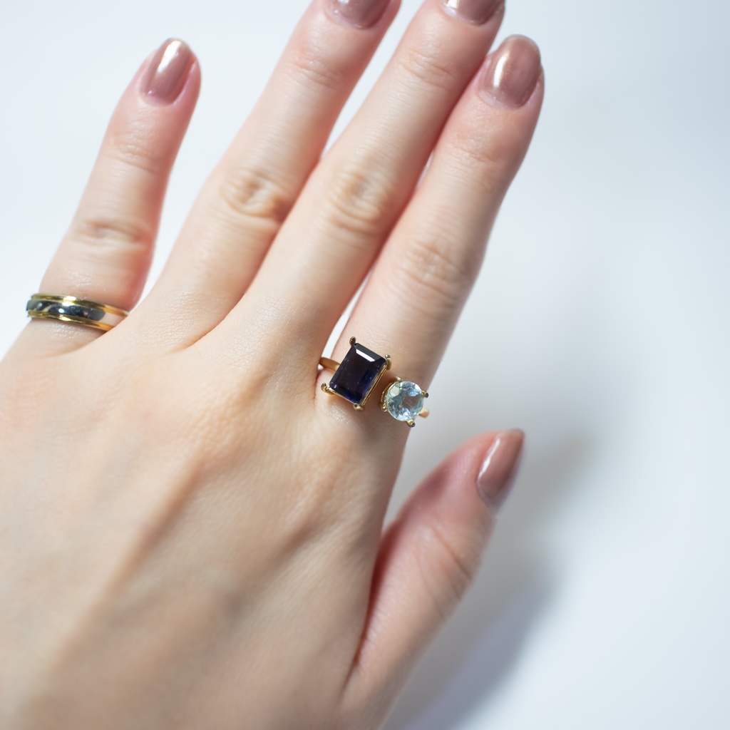 推し色★推しカプカラー★推し誕生石 天然石 アイオライト×スカイブルートパーズのフォークリング【フリーサイズ】