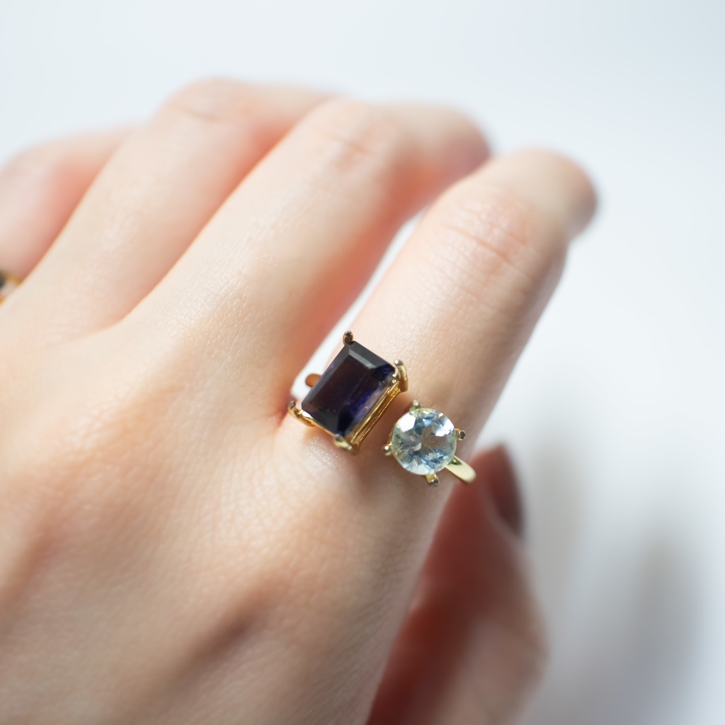 推し色★推しカプカラー★推し誕生石 天然石 アイオライト×スカイブルートパーズのフォークリング【フリーサイズ】