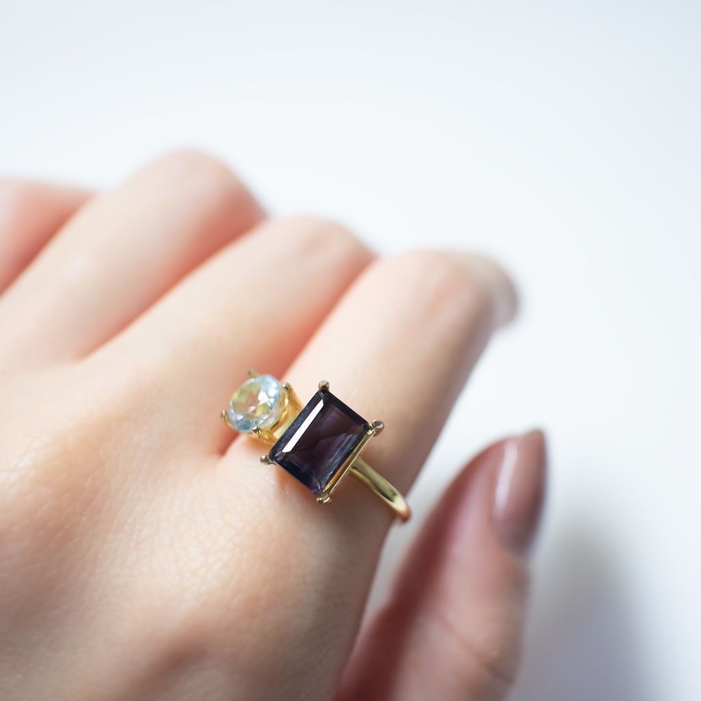 推し色★推しカプカラー★推し誕生石 天然石 アイオライト×スカイブルートパーズのフォークリング【フリーサイズ】