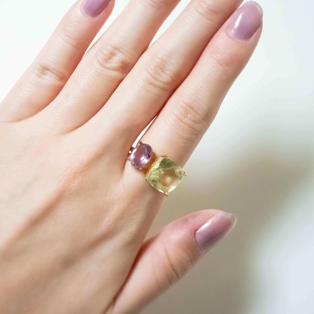 推し色★推しカプカラー★推し誕生石★ 天然石 アメジスト×レモンクォーツのフォークリング【フリーサイズ】