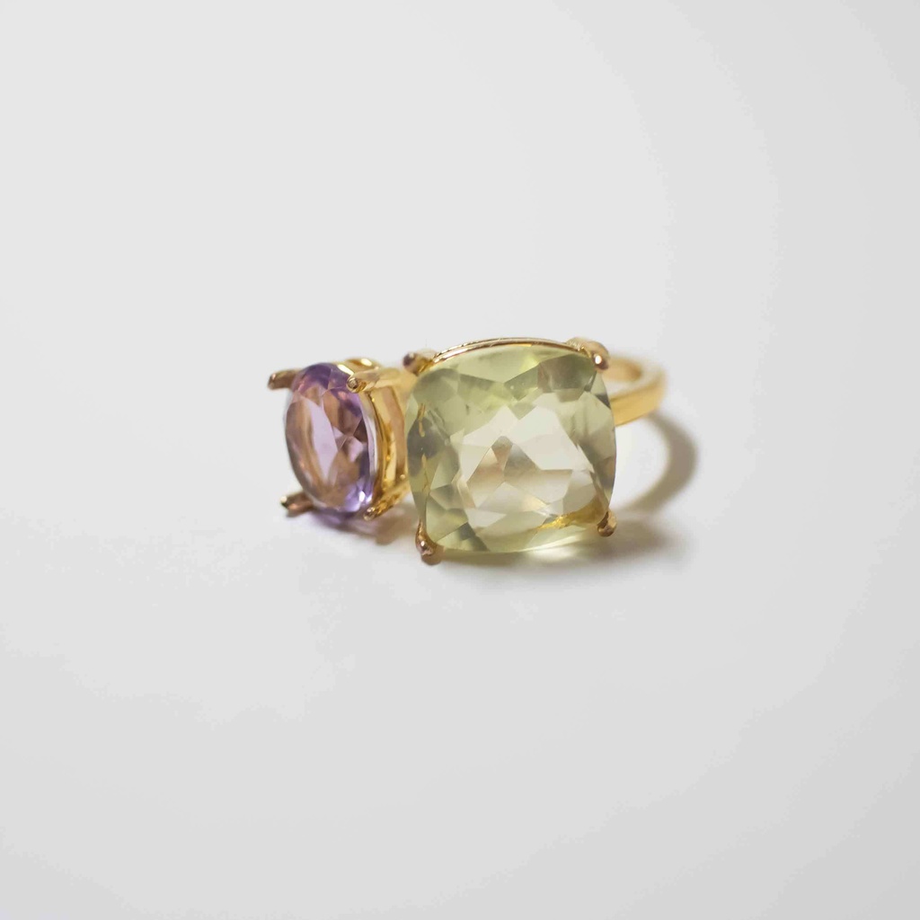 推し色★推しカプカラー★推し誕生石★ 天然石 アメジスト×レモンクォーツのフォークリング【フリーサイズ】