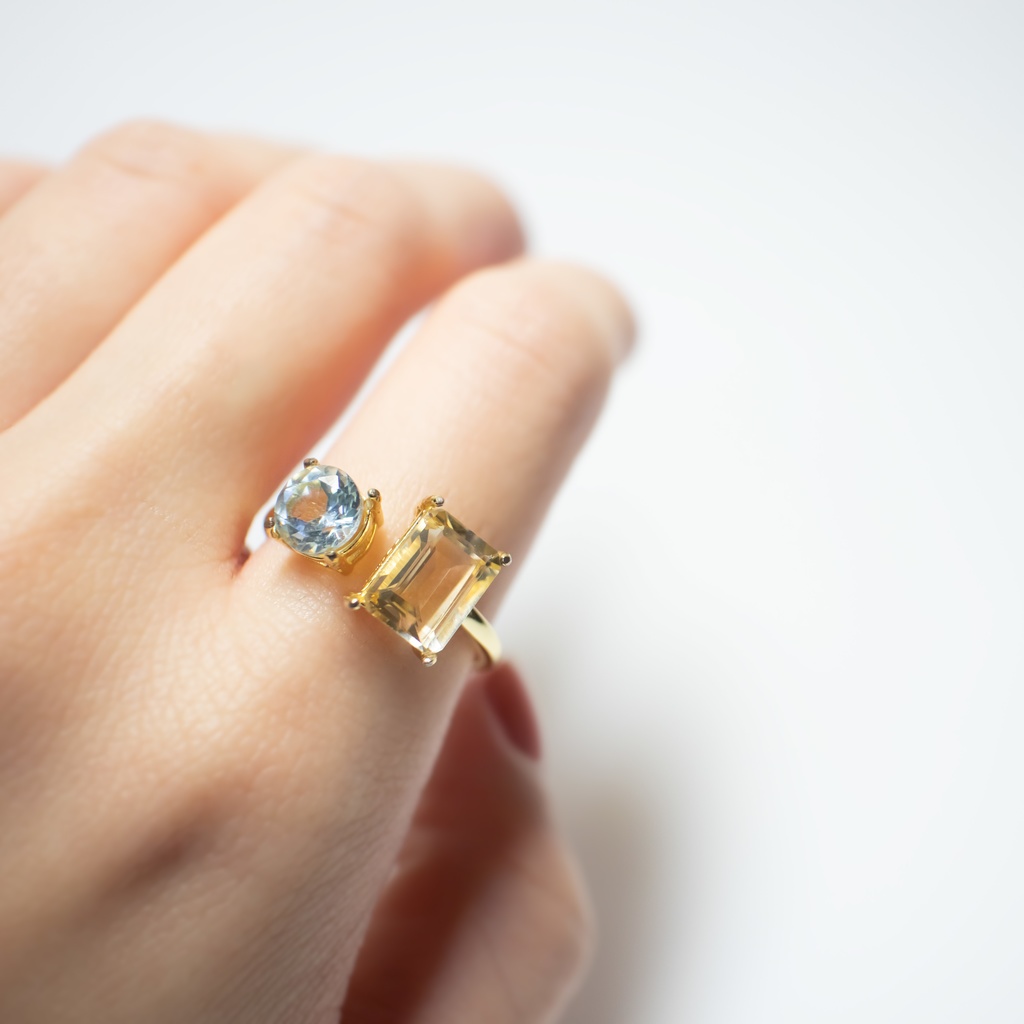 推し色★推しカプカラー★推し誕生石★ 天然石 シトリン×スカイブルートパーズのフォークリング【フリーサイズ】