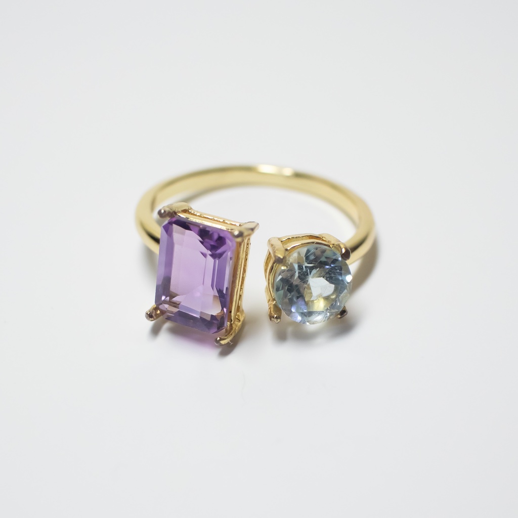 推し色★推しカプカラー★推し誕生石★ 天然石 アメジスト×スカイブルートパーズのフォークリング【フリーサイズ】