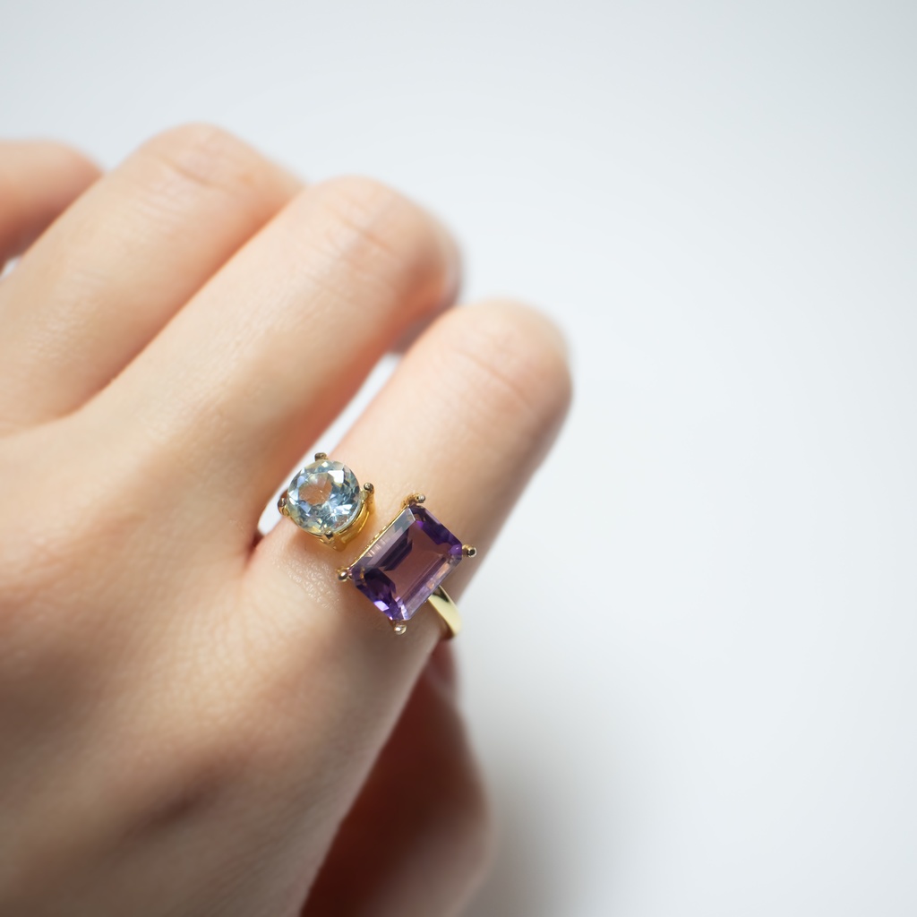 推し色★推しカプカラー★推し誕生石★ 天然石 アメジスト×スカイブルートパーズのフォークリング【フリーサイズ】