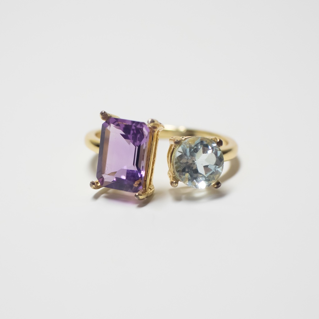 推し色★推しカプカラー★推し誕生石★ 天然石 アメジスト×スカイブルートパーズのフォークリング【フリーサイズ】