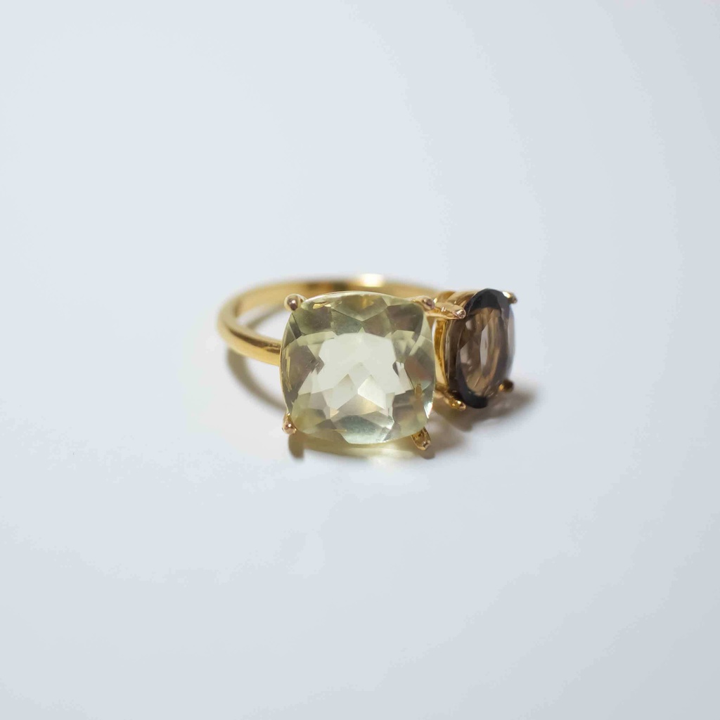 推し色★推しカプカラー★推し誕生石★ 天然石 スモーキークォーツ×レモンクォーツのフォークリング【フリーサイズ】