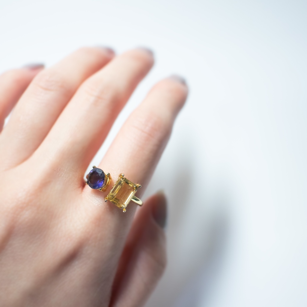 推し色★推しカプカラー★推し誕生石★ 天然石 シトリン×アイオライトのフォークリング【フリーサイズ】