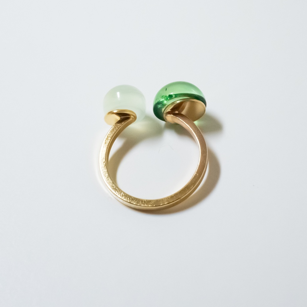 推し色★推しカプカラー★ 天然石 グリーンカラーアンバー×ライムグリーンカルセドニーのフォークリング【フリーサイズ】