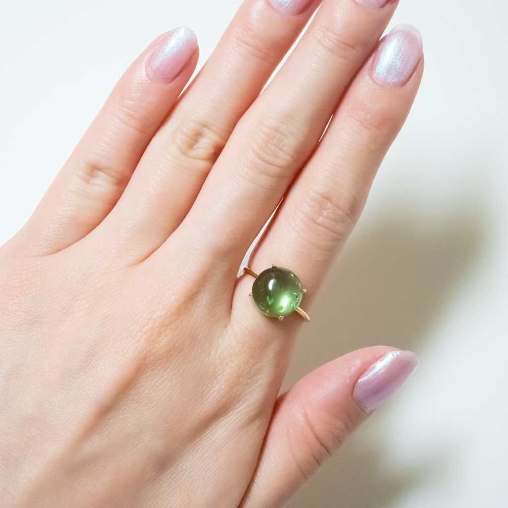 推し色★ 天然石 クラック入りグリーンカラーアンバーのリング【フリーサイズ】琥珀 s925 18KGP