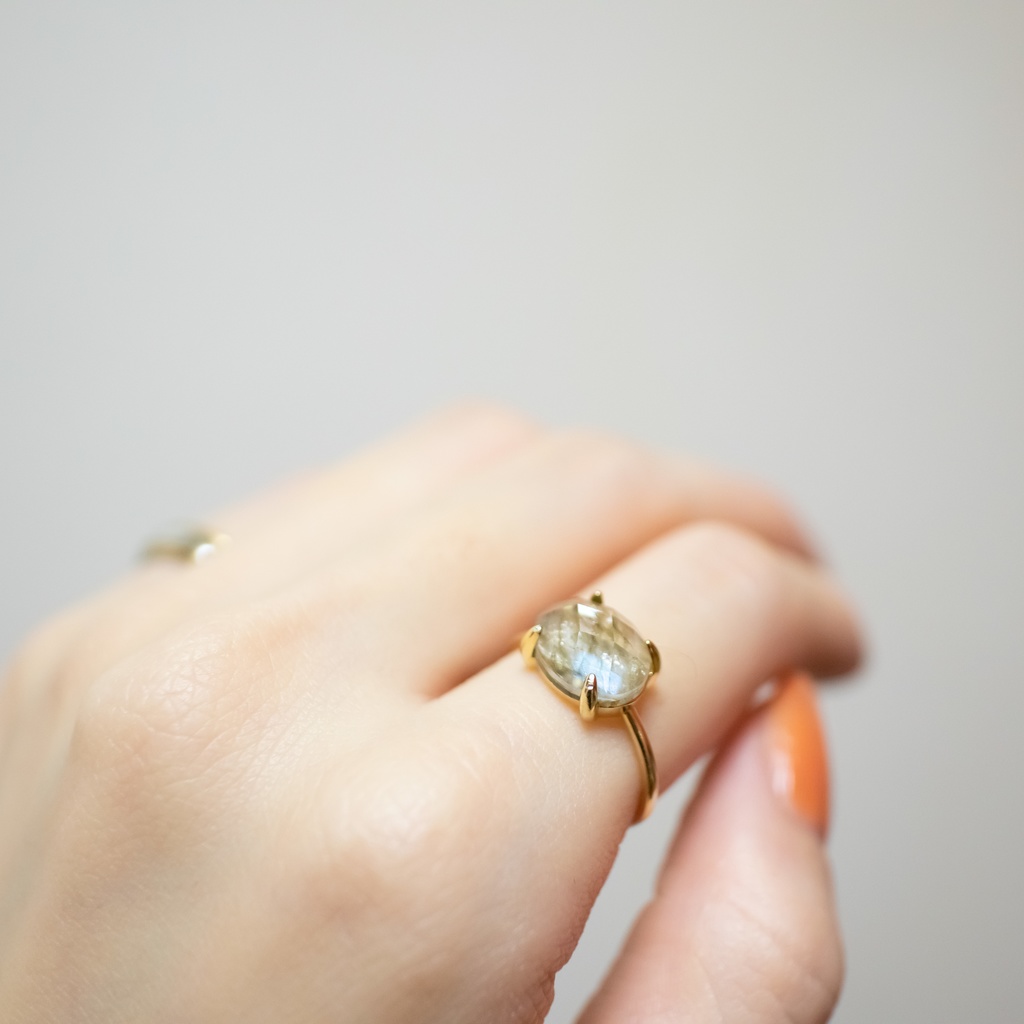 天然石 ラブラドライト×クリスタルAAAのフリーサイズリング 18KGP s925