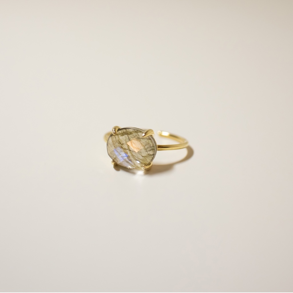 天然石 ラブラドライト×クリスタルAAAのフリーサイズリング 18KGP s925