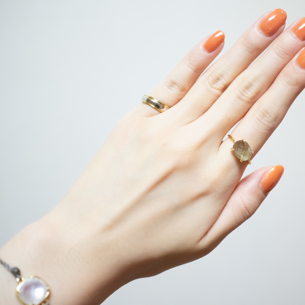 天然石 ラブラドライト×クリスタルAAAのフリーサイズリング 18KGP s925