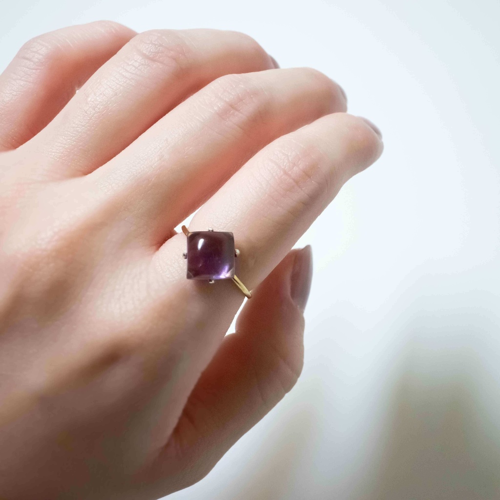推し色★推し誕生石★ 天然石 アメジストの菱形リング【フリーサイズ】S925 18KGP