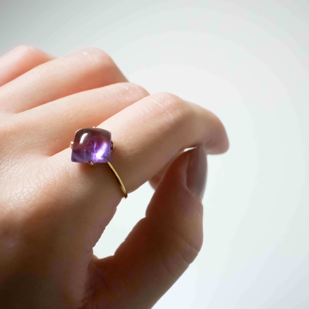 推し色★推し誕生石★ 天然石 アメジストの菱形リング【フリーサイズ】S925 18KGP