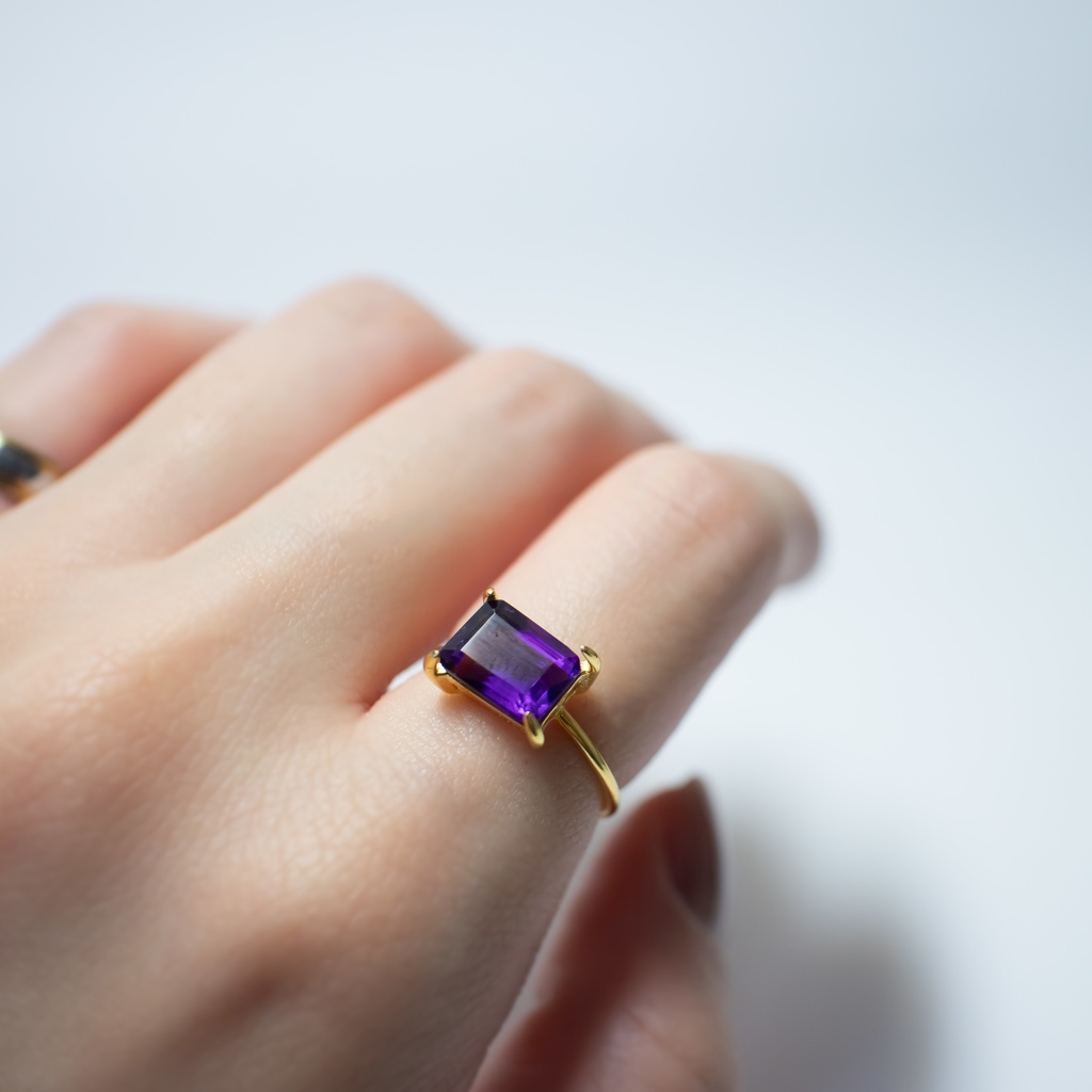 推し色★推し誕生石★2月 天然石 アメジストのレクタングルリング【フリーサイズ】18KGP S925