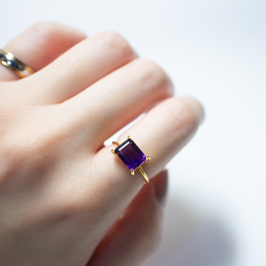 推し色★推し誕生石★2月 天然石 アメジストのレクタングルリング【フリーサイズ】18KGP S925