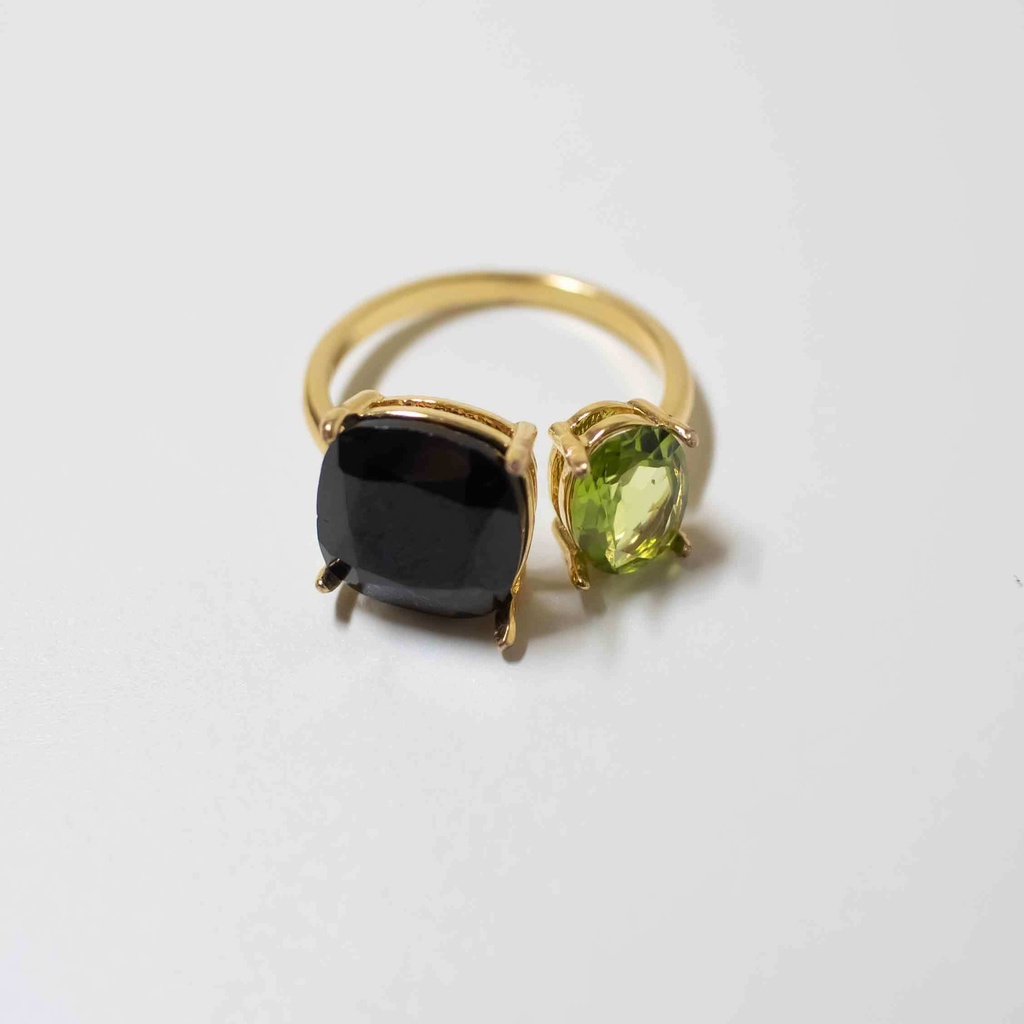 推し色★推しカプカラー★推し誕生石★ 天然石 ブラックスピネル×ペリドットのフォークリング【フリーサイズ】