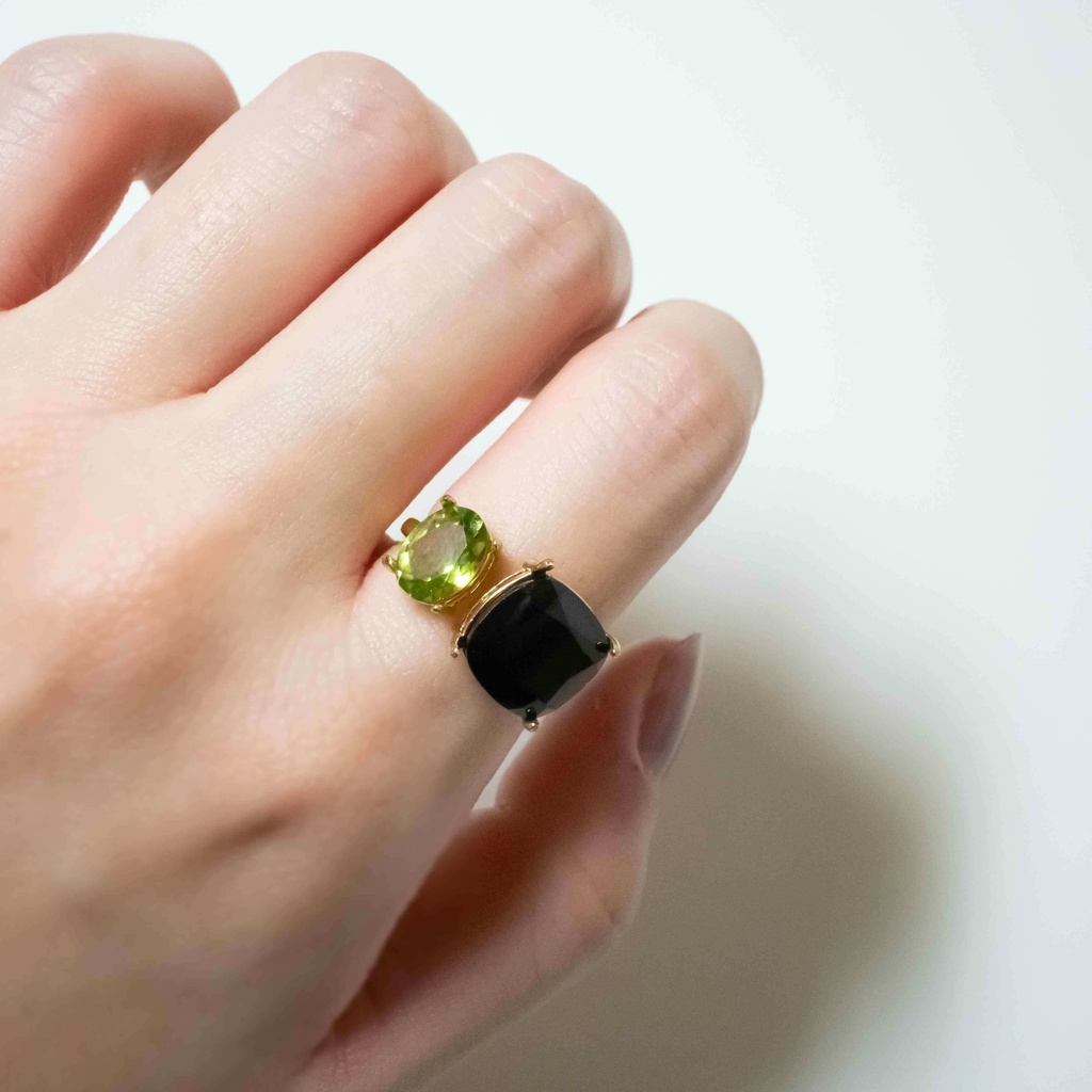 推し色★推しカプカラー★推し誕生石★ 天然石 ブラックスピネル×ペリドットのフォークリング【フリーサイズ】