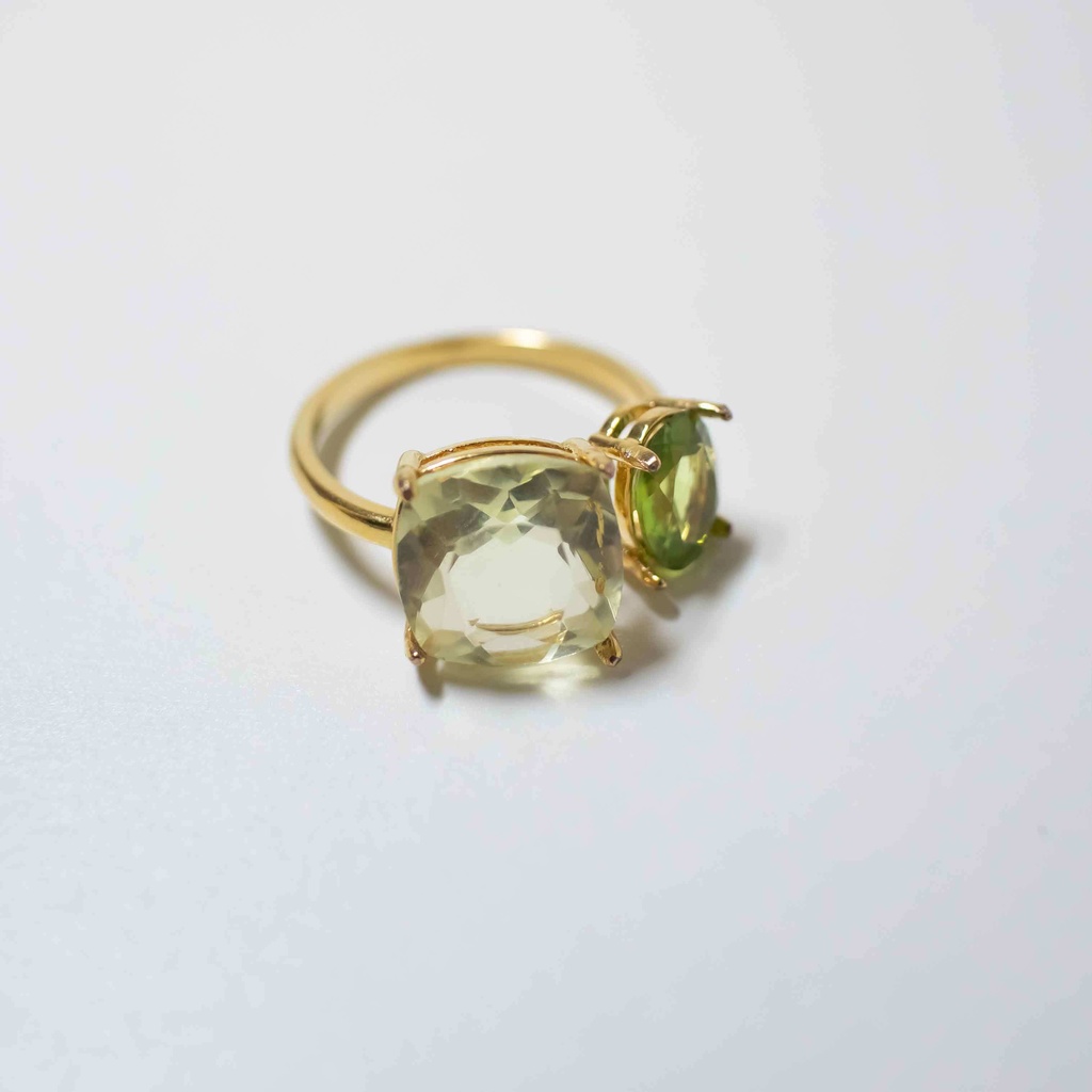 推し色★推しカプカラー★推し誕生石★ 天然石 レモンクォーツ×ペリドットのフォークリング【フリーサイズ】