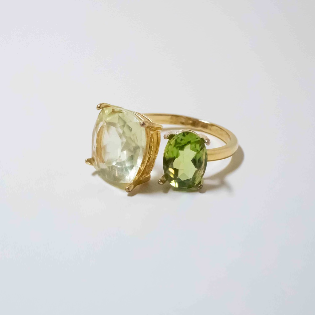 推し色★推しカプカラー★推し誕生石★ 天然石 レモンクォーツ×ペリドットのフォークリング【フリーサイズ】