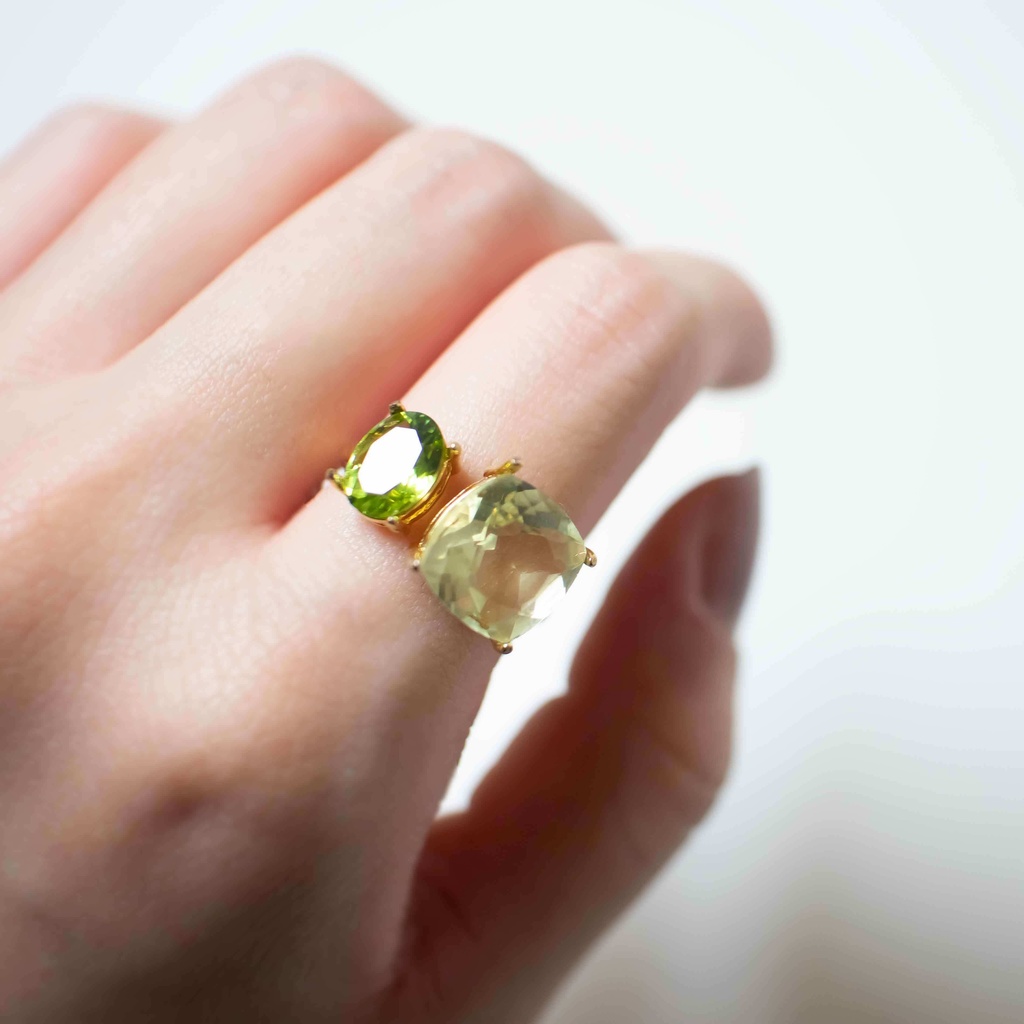 推し色★推しカプカラー★推し誕生石★ 天然石 レモンクォーツ×ペリドットのフォークリング【フリーサイズ】