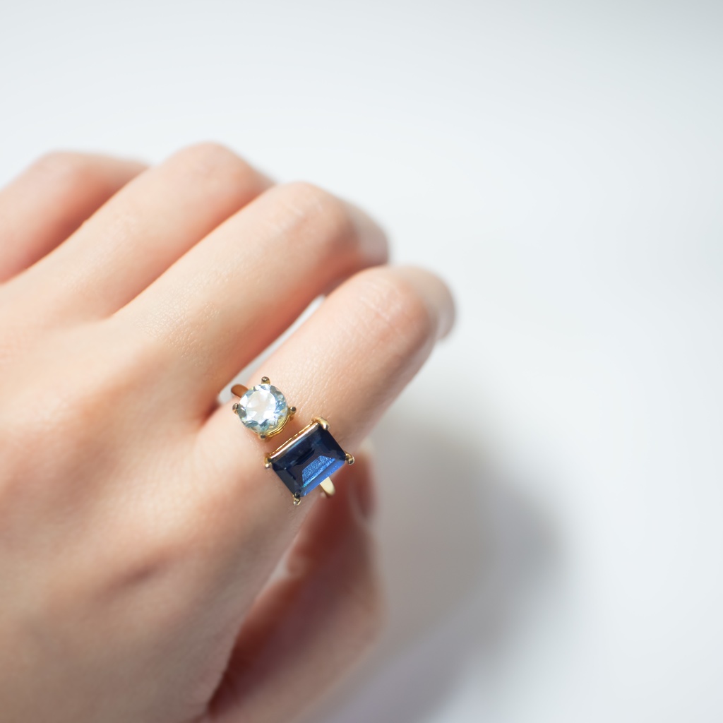 推し色★推し誕生石★推しカプカラー★ 天然石 ブルートパーズ×スカイブルートパーズのフォークリング【フリーサイズ】