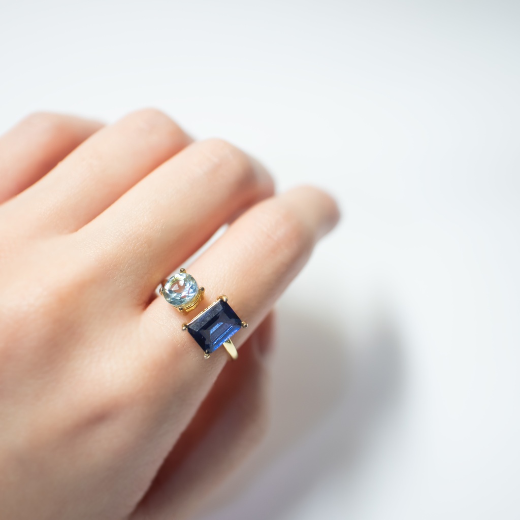 推し色★推し誕生石★推しカプカラー★ 天然石 ブルートパーズ×スカイブルートパーズのフォークリング【フリーサイズ】