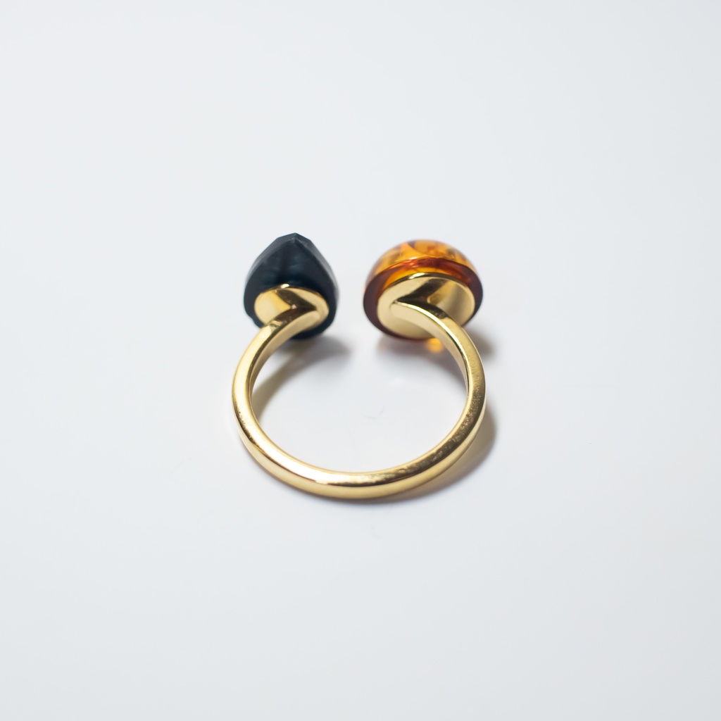 推し色★推しカプカラー★ 天然石 ブルータイガーアイ×琥珀(アンバー)のフォークリング【フリーサイズ】