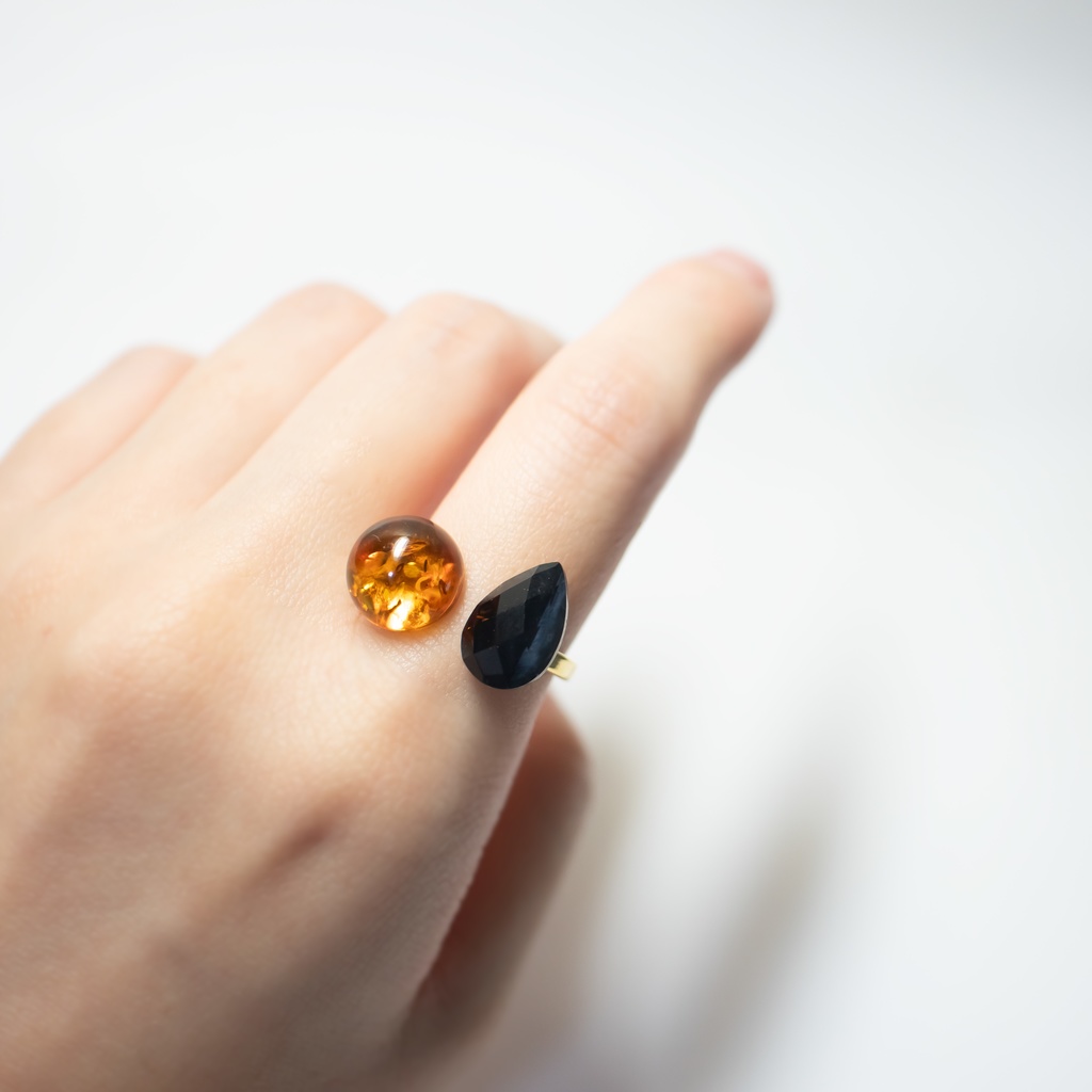 推し色★推しカプカラー★ 天然石 ブルータイガーアイ×琥珀(アンバー)のフォークリング【フリーサイズ】