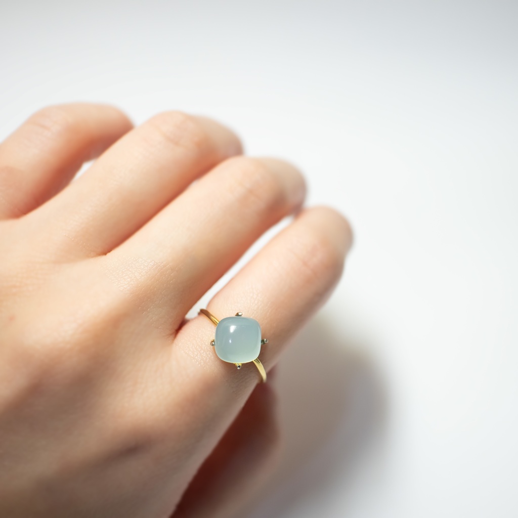 推し色★ 天然石 シーブルーカルセドニーのスクエアリング【フリーサイズ】18KGP S925