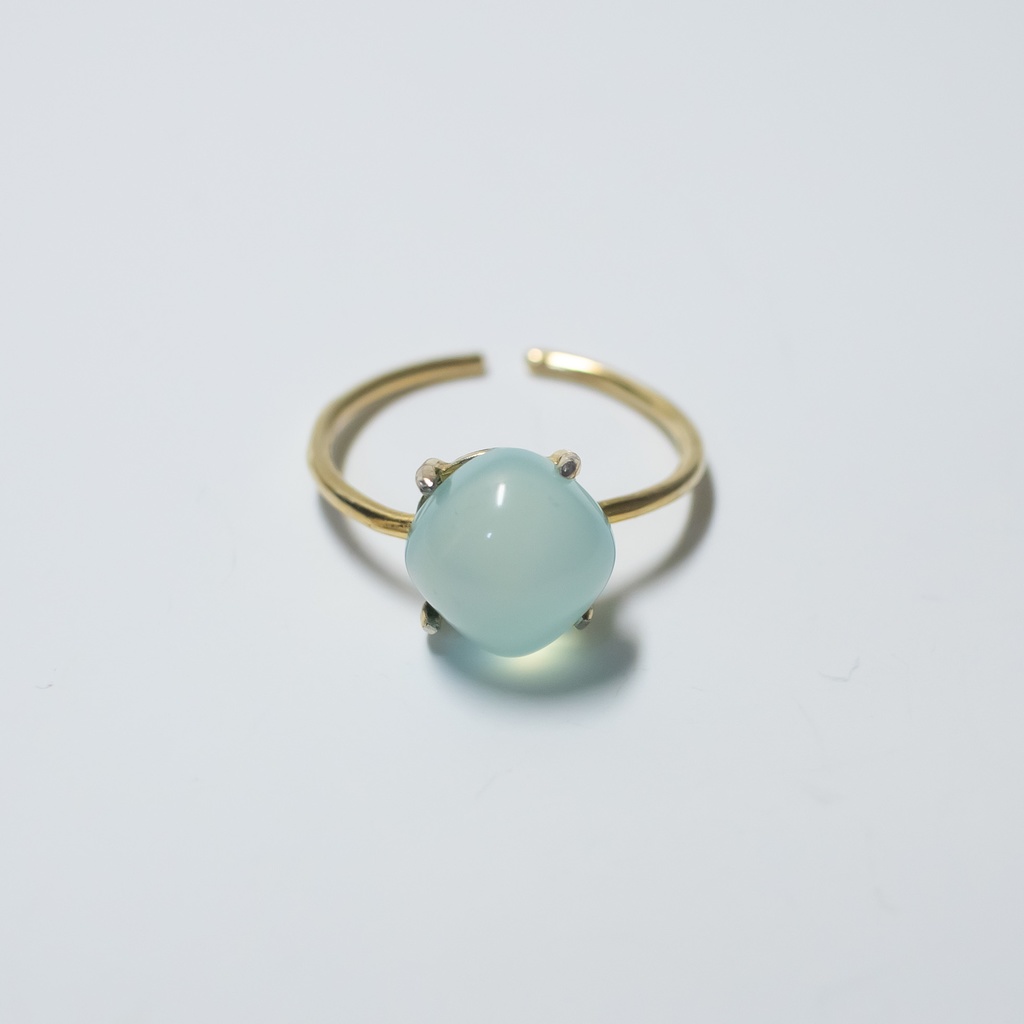 推し色★ 天然石 シーブルーカルセドニーのスクエアリング【フリーサイズ】18KGP S925