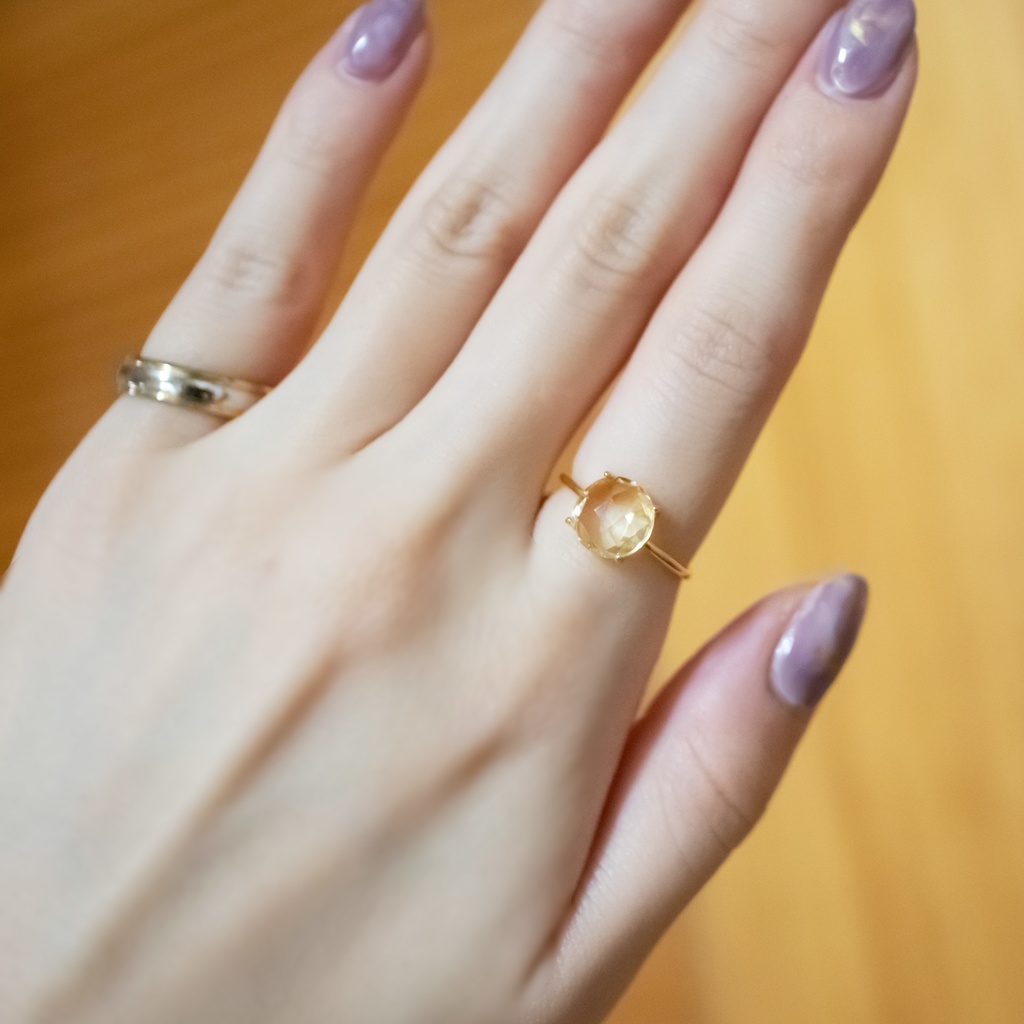 推し色★推し誕生石★ 宝石質シトリンのコインカットリング【フリーサイズ】18KGP S925