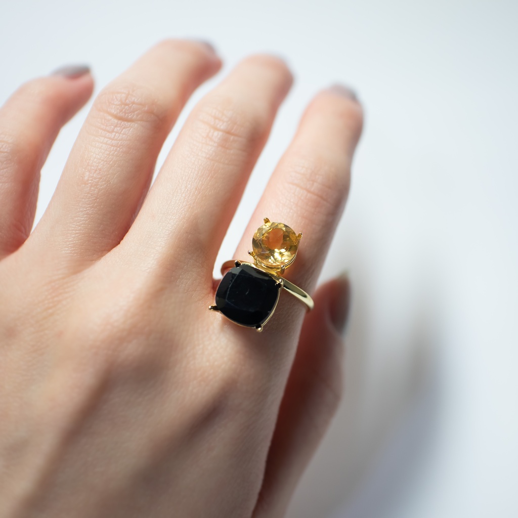 推し色★推しカプカラー★推し誕生石★ 天然石 ブラックスピネル×シトリンのフォークリング【フリーサイズ】金属アレルギー対応