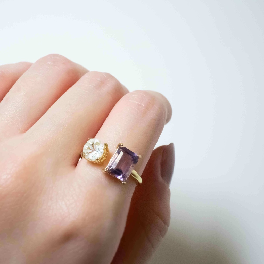 推し色★推しカプカラー★推し誕生石★ 天然石 アメジスト×グリーンアメジストのフォークリング【フリーサイズ】